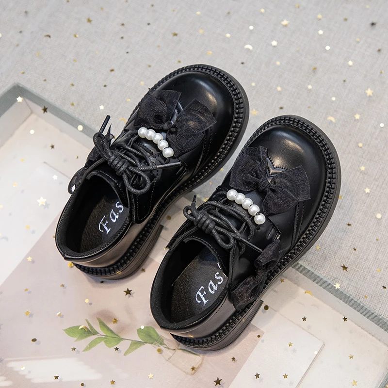 2025 Spring New Children Leather Shoes for Girls Fashion Soft Anti-slippery Versatile Chic Princess Party Shoes with Cute Bow