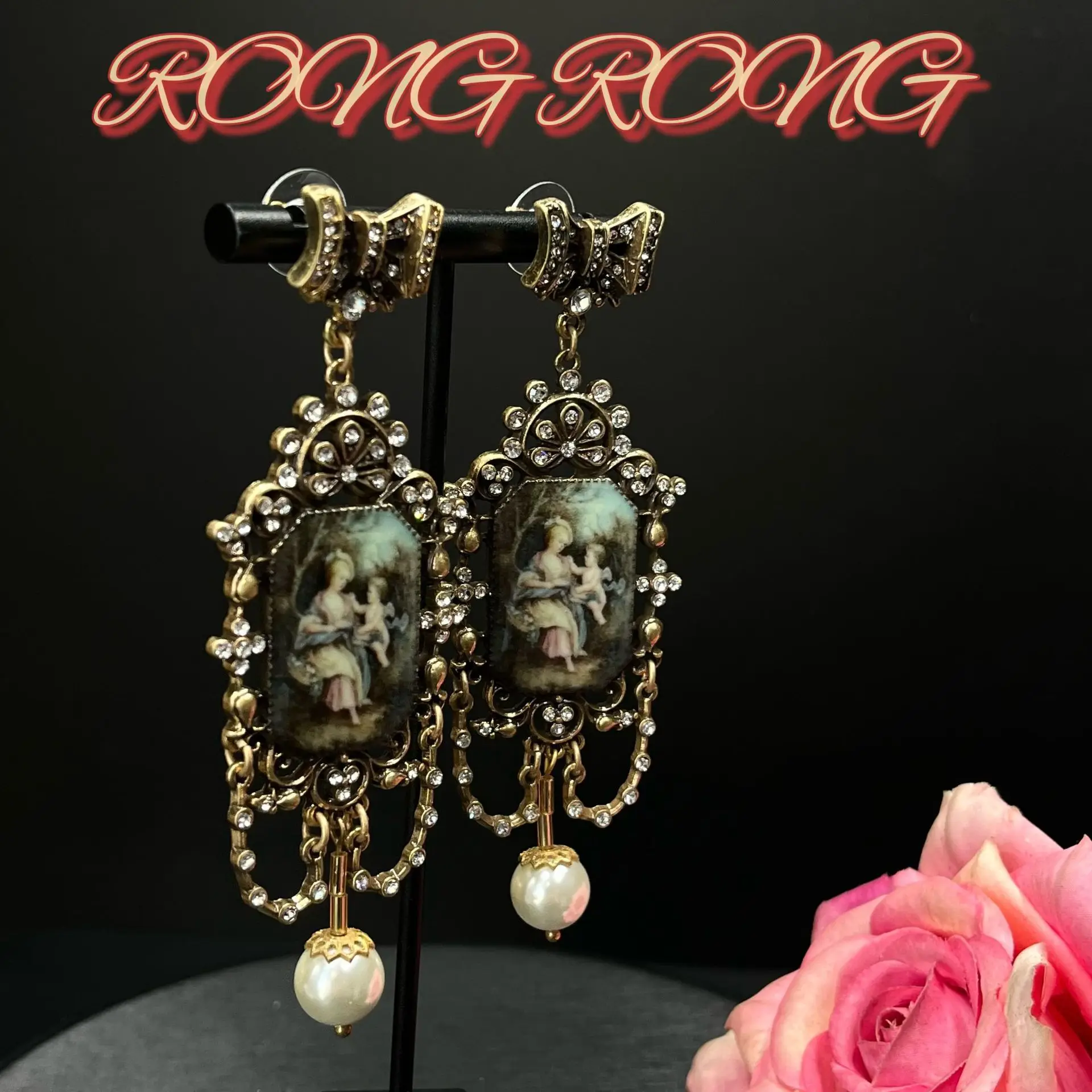 Retro Palace Style Diamond Pearl Character Portrait Optimized Earrings Western Antique Vintage Medieval Earrings