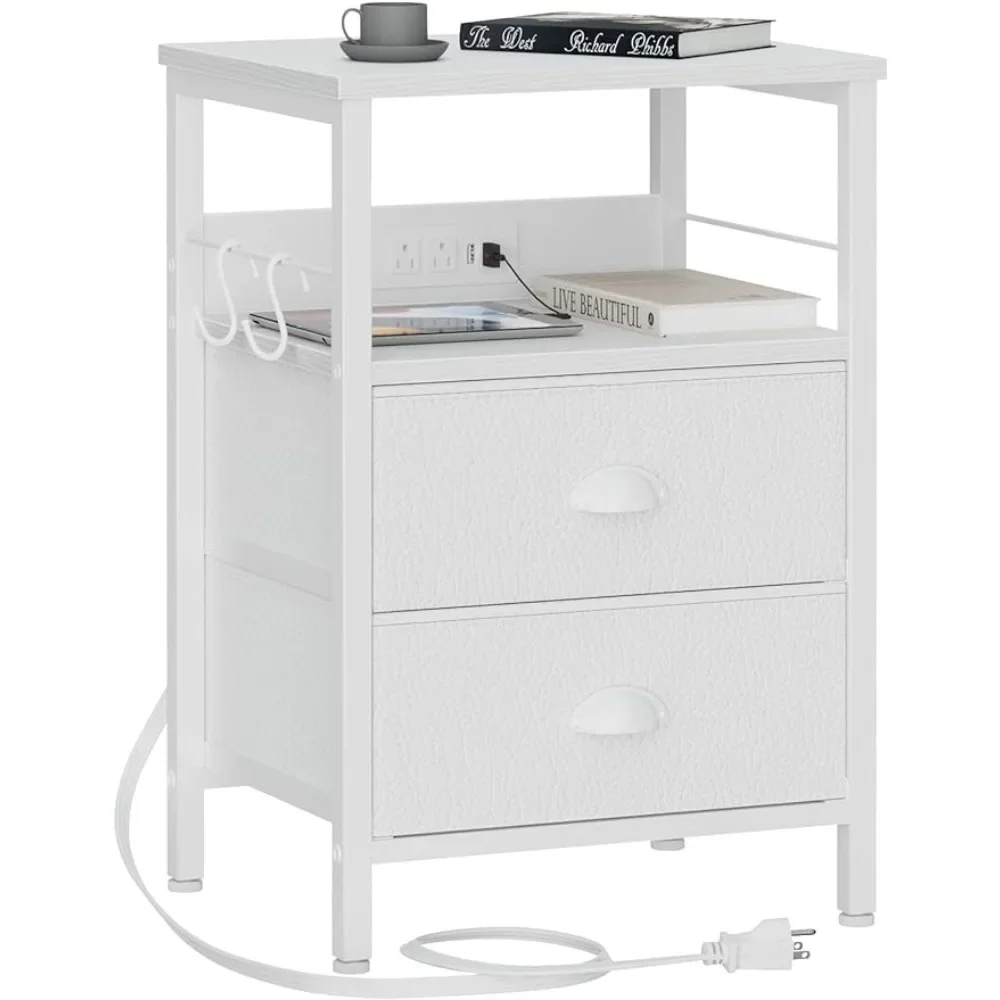 End Table with Charging Station, Nightstand with Fabric Drawers, Side Tables with USB Ports & Outlets, Night Stand