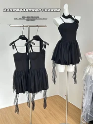 Summer Women Ballet Core Prom Gown Spaghetti Strap Mesh Patchwork Dress Frocks French Vintage Evening Black One-Piece Party