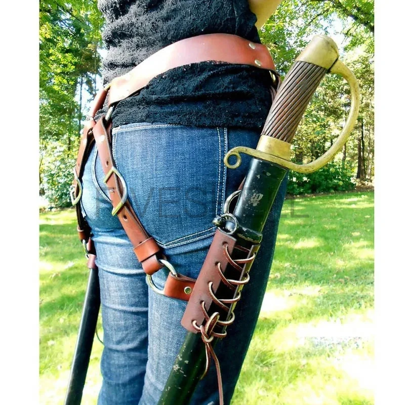 حزام غمد مزدوج من الجلد للهالوين في القرون الوسطى، حزام عتيق محارب مزدوج، غمد Steampunk، ملحقات خصر الفارس