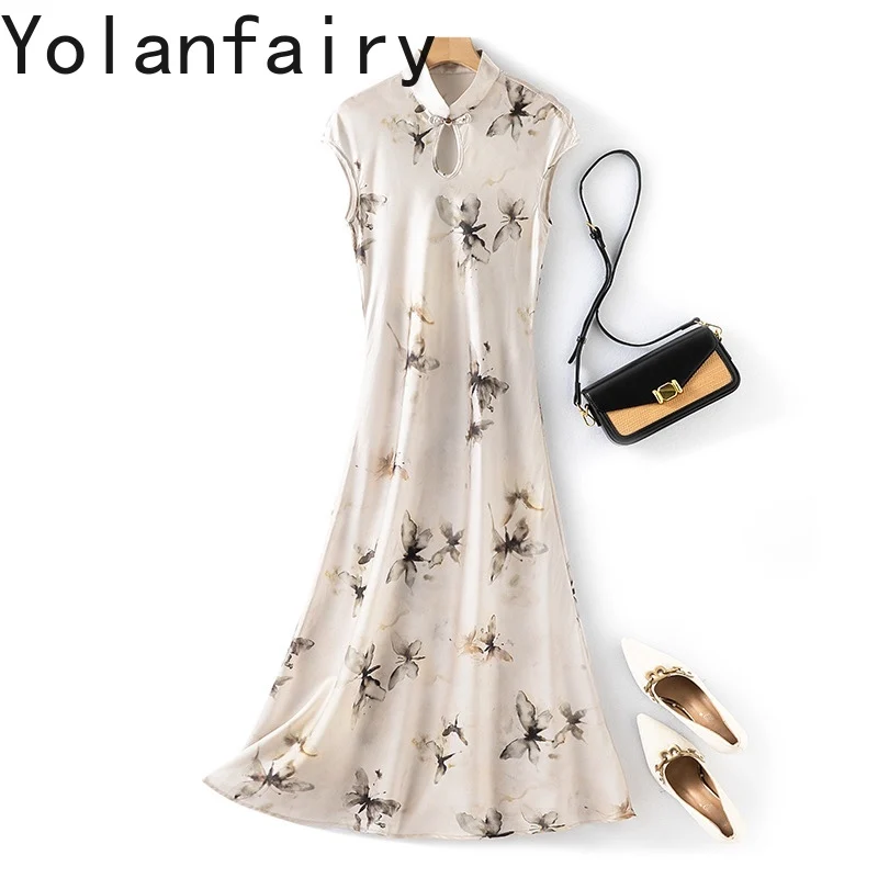 YOLANFAIRY 93% فستان حريري التوت الحقيقي صيف 2025 فساتين طويلة أنيقة عتيقة شيونغسام ساتان فساتين عيد ميلاد vestido mujer #1