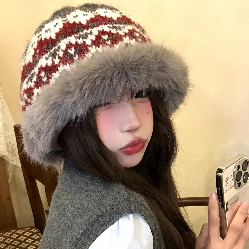 Vintage Fel Island Jacquard Plush Knitted Hat Winter Thickened Warm Fisherman's Hat Ear Protection Cold proof Basin Hat