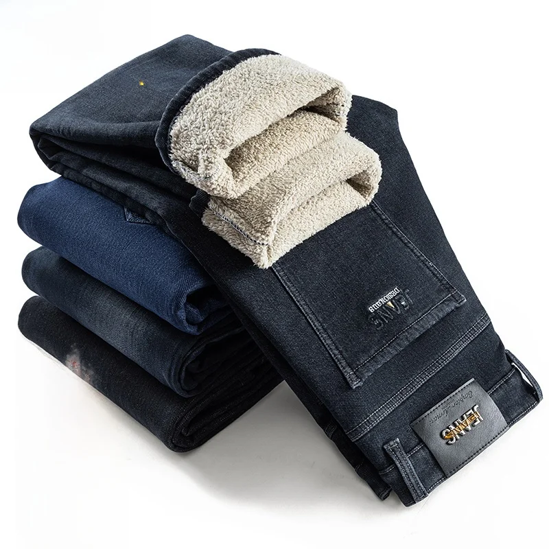 

Мужские джинсы Thiened Fce из чистого хлопка, осень-зима, новые свободные прямые брюки с эластичной резинкой из бархата ягненка, повседневная одежда