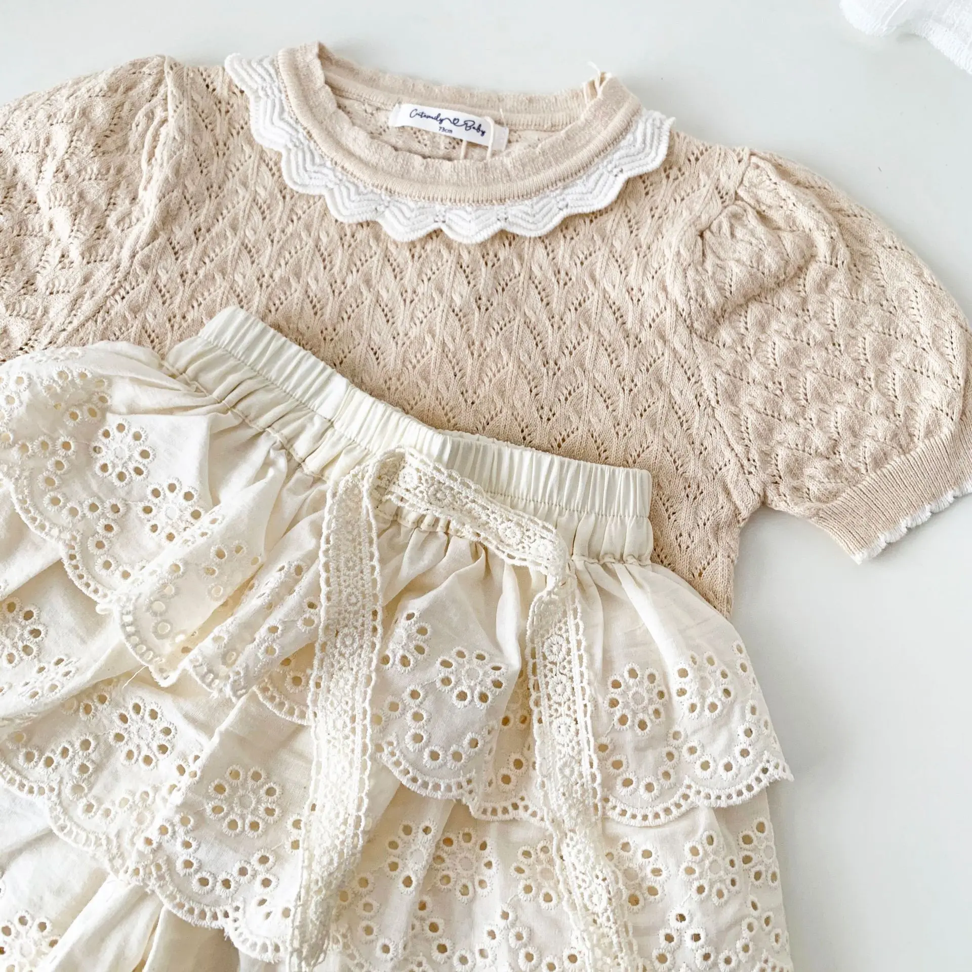2026 Spring Summer Toddlers Girls Lace Hollow Out Shorts Korean Style Cotton Beige Baby Kids Layered Shorts