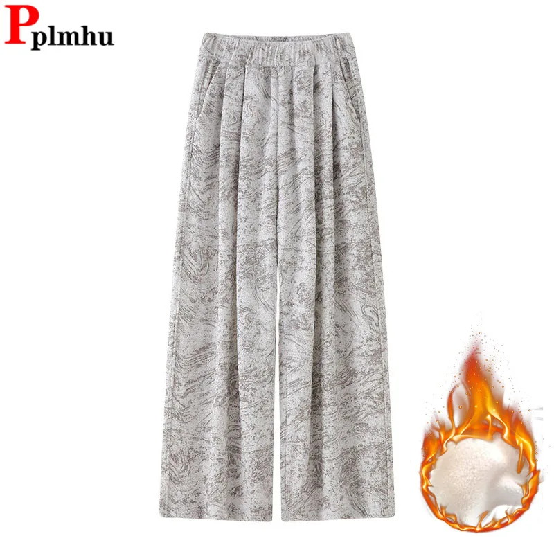 

Tie Dye Design Plush Velvet Lined Wide Leg Pants High Waist New Chinese Style Warm Casual Pantalones Winter Women Baggy Spodnie