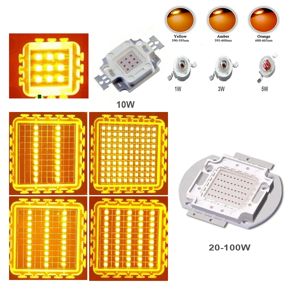 

10W 20W 50W 100W Yellow amber Orange High Power LED Bead 1W 3W 5W Emitter Light chip COB 590nm 595nm 600nm lamp lighting beads