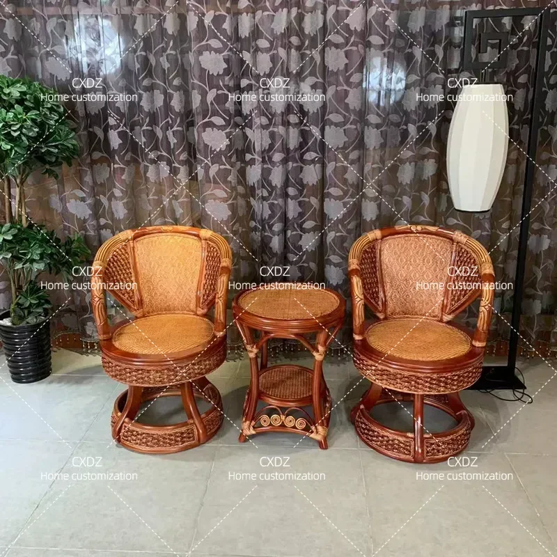 Natural Rattan Chair Set 3 Piece Balcony Single Seat with Tea Table Comfortable Casual Seating for Home Outdoor Relaxation