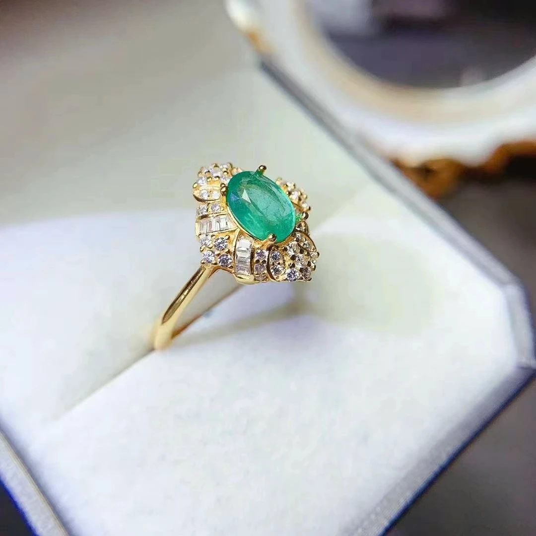 Luxury Emerald Wedding Ring for Women 5mm*7mm 0.6ct Natural Emerald Ring with 18K Gold Plated 925 Silver Jewelry