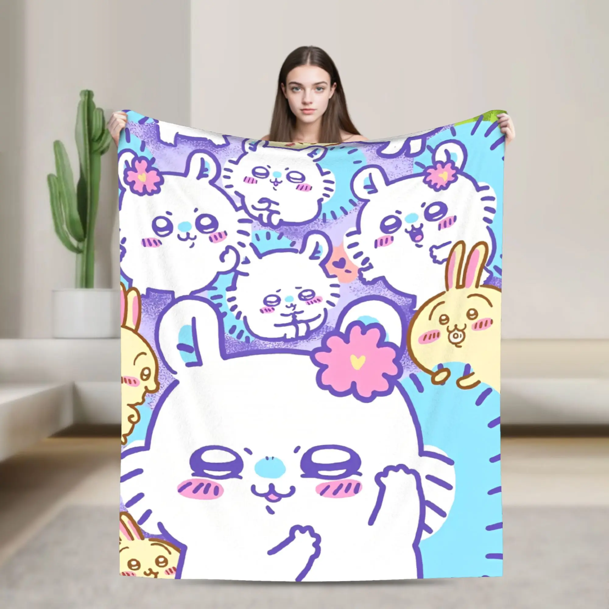 Chiikawa Momonga الفانيلا البطانيات Kawaii الكرتون رهيبة رمي البطانيات للمنزل 150*125 سنتيمتر المفارش #1