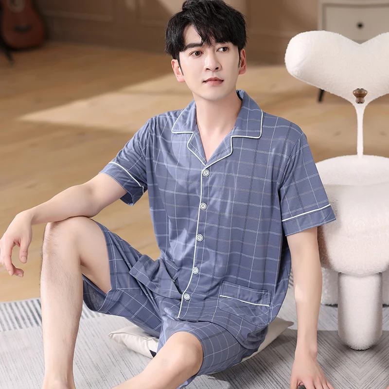 

Male Nightwear Suit Summer Generous Leisure Short Sleeve Pajamas Plaid Pattern Homewear Men Big Yards XXXL Cotton Pijamas Hombre