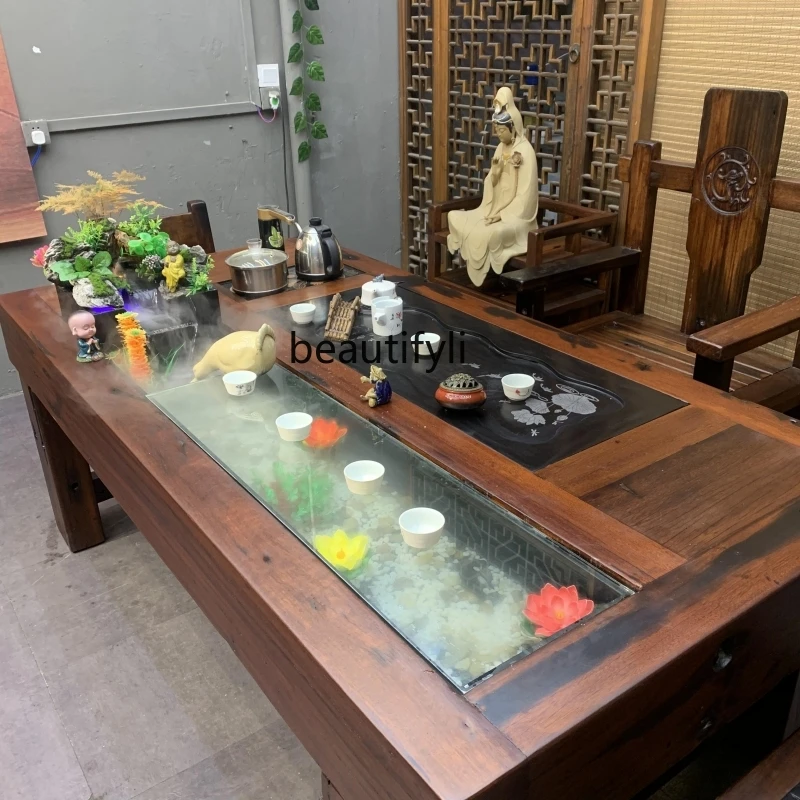 Kombucha Table and Chair Combination Old Ship Wood Water Circulation Fish Farming Coffee Table Tea Table with Kettle Integrated