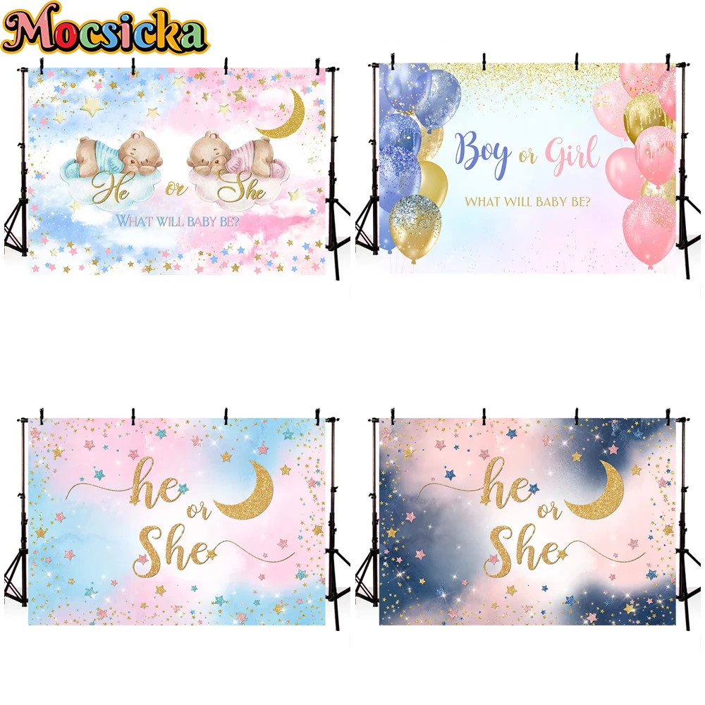 

Mocsicka Gender Reveal Backdrop Bear Balloons Party Decorations Newborn Baby Shower Boy Girl Photo Backgrounds Photography Props
