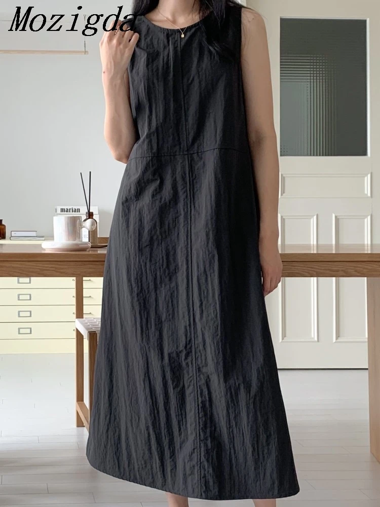 

Korean Chic Summer Vintage Simple round Neck Embroidery Back Design Loose Long Vest Cotton Linen Dress Women's Clothing