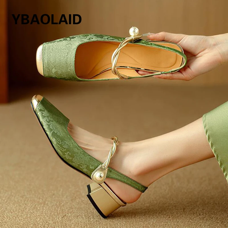 

Сандалии Baotou женские на среднем каблуке, элегантные босоножки с квадратным носком, пэчворк, с ремешком на пятке, в китайском стиле, весна-лето 2024