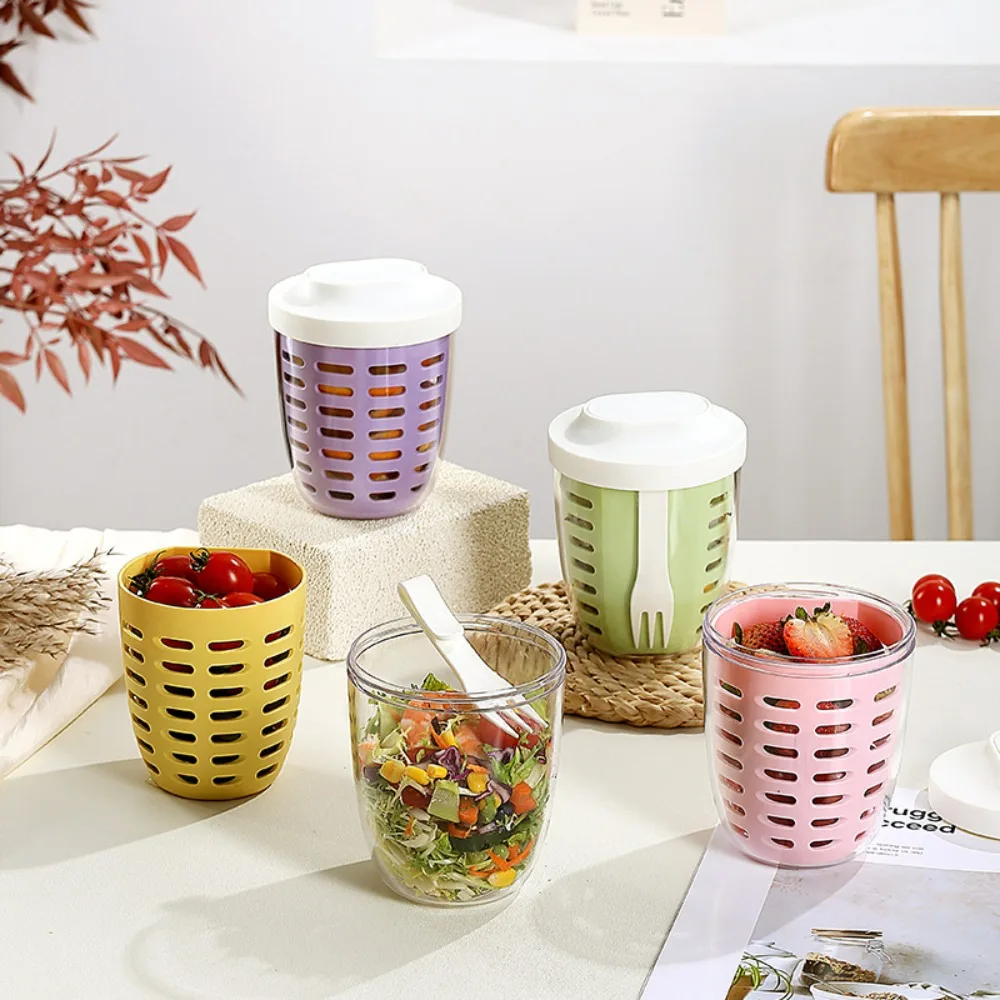 

Portable Double-Layer Breakfast Cups with Fork Fruit Fresh Container Food Storage Cup PC Bento Box Kitchen Supplies