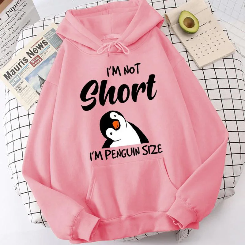 Popüler penguen ben kadınlar için kısa baskı Hoodies değilim sonbahar kış kazak moda kapüşonlu kazak bayanlar Streetwear