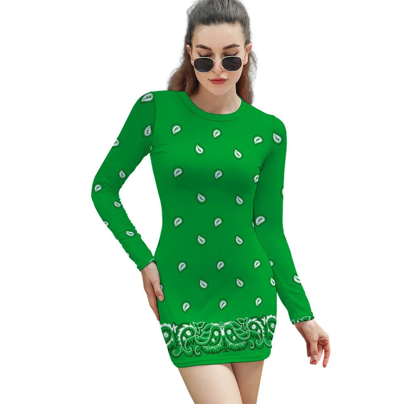 

Green Bandanana Long-Sleeved Sheath Dress woman dress Dress for girls women summer women's clothing korea stylish