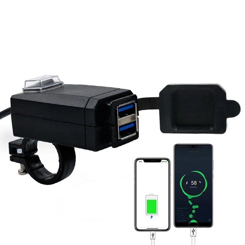 12V-24V QC3.0 Dual USB Port Waterproof Motorcycle Handlebar Charger Adapter Power Supply Socket For Phone Navigation