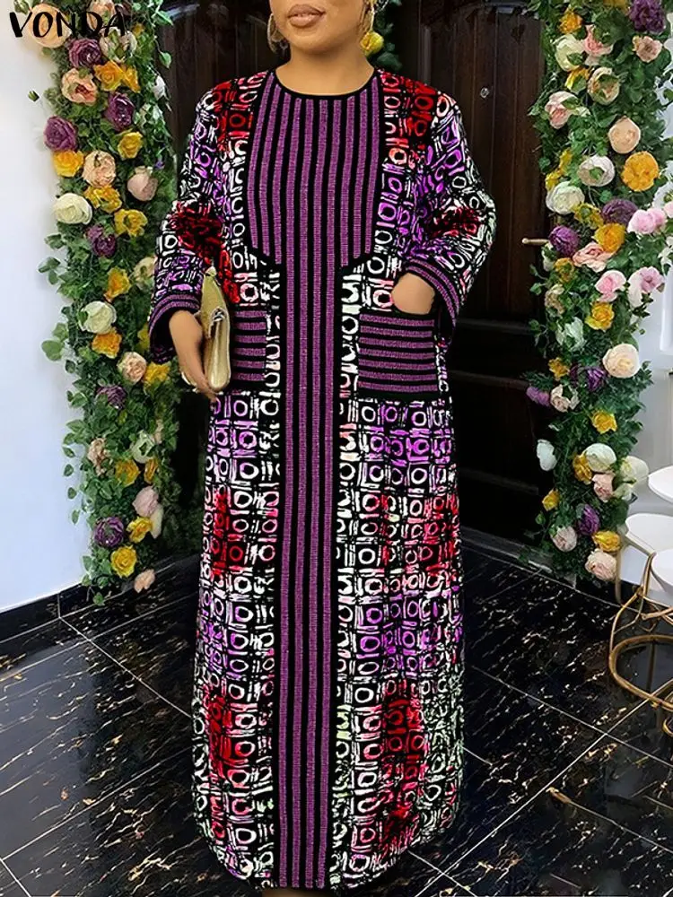 เดรสยาววินเทจ VONDA ไซส์ใหญ่พิเศษ 5XL สำหรับผู้หญิง ลายโบฮีเมียน สำหรับงานปาร์ตี้ แขนยาว มีกระเป๋า เหมาะสำหรับฤดูใบไม้ร่วง สไตล์ลำลอง
