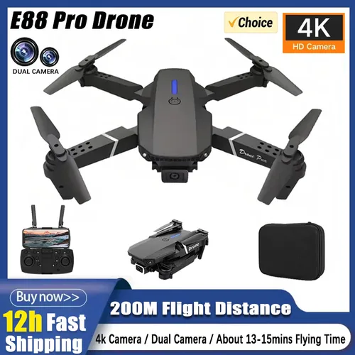 Dron 4K E88Pro con cámara dual HD 1080P, helicóptero plegable WiFi FPV RC para fotografía aérea y observación