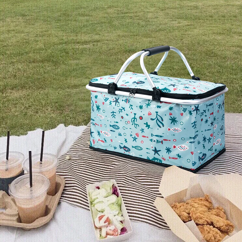 30L Camping Picnic Basket Waterproof Foil Folding Cooler Bag Keep Fresh Lunch Box Basket Food Carrier for Camping Picnic Travel