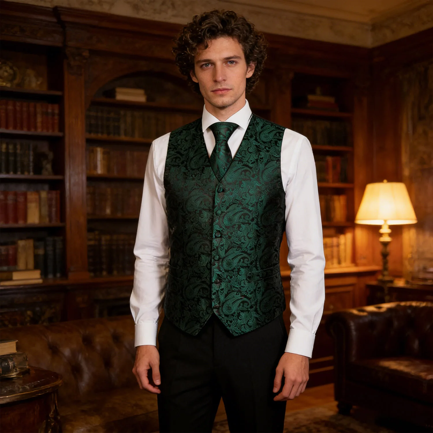 

Men's Vest Elegant Dark Green Floral Paisley V-Collar Vest Waistcoat With Hankerchief Cufflinks Fit Wedding Party Gift Daily
