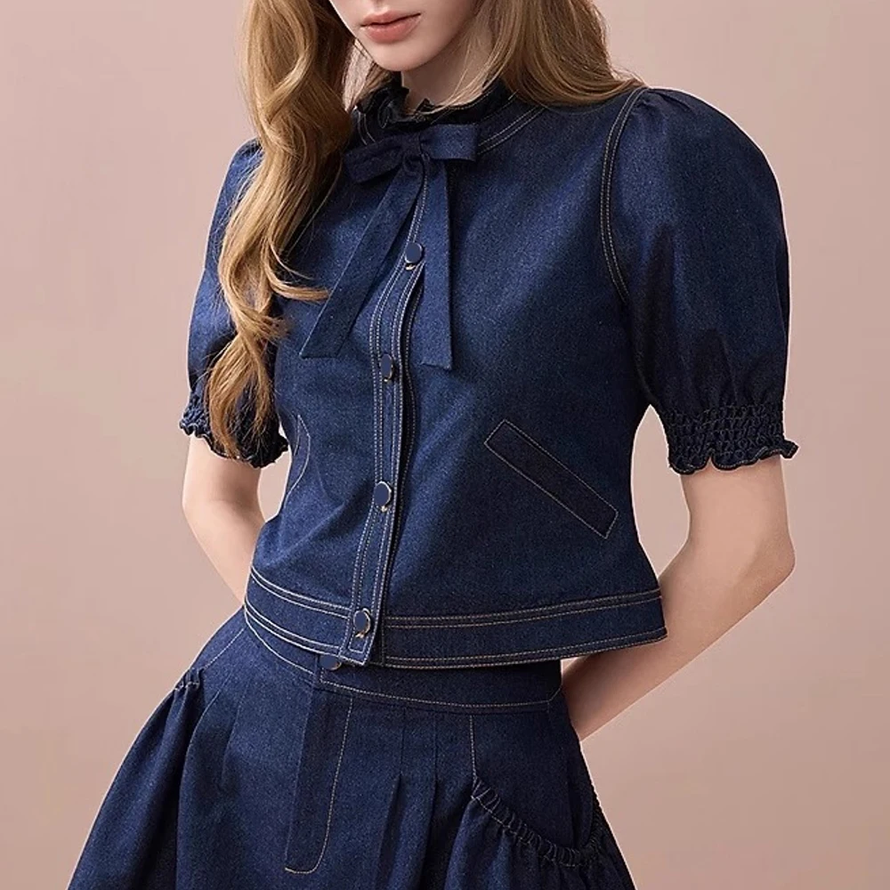 TWOTWINSTYLE الأزرق تقسم القوس قطعتين مجموعة الإناث الياقة المدورة قصيرة الأكمام سترة أنيقة المرأة فستان أطفال مع سروال داخلي الصيف موضة جديدة