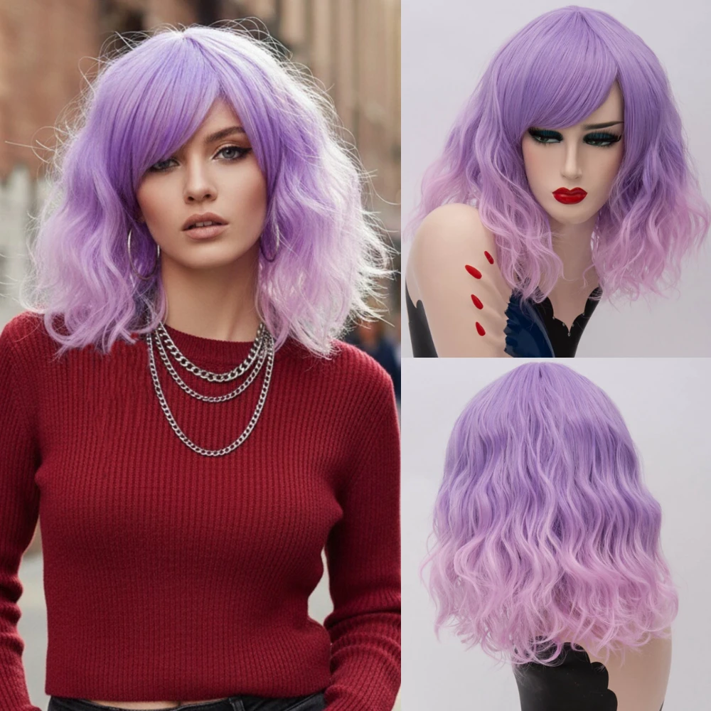 MSIWIGS Two Tones Short Cosplay Wigs for Women Pink White Wavy Ombre Wig with Bangs Purple Ombre Natural Synthetic Hair Wigs