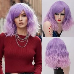 MSIWIGS Two Tones Short Cosplay Wigs for Women Pink White Wavy Ombre Wig with Bangs Purple Ombre Natural Synthetic Hair Wigs