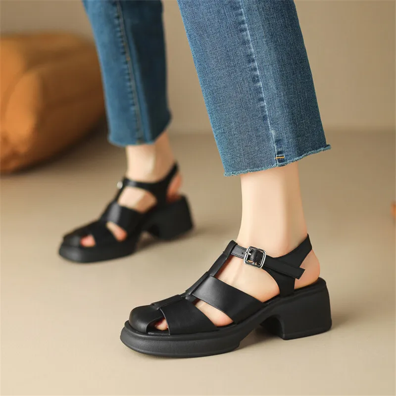 2023 Summer Sandals Split Leather Roman Sandals for Women Casual Buckle Strap Platform Shoes GLADIATOR Thick Heel Women Shoes