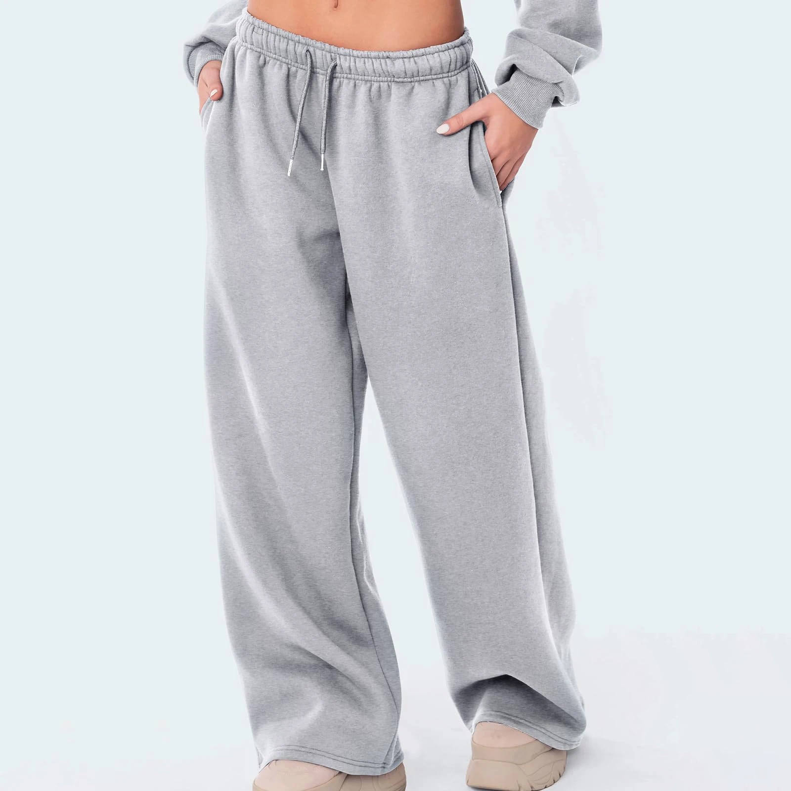 Women High Waist Drawstring Sweatpants Solid Color Running Trousers Casual Joggers Loose Wide Leg Pants Baggy Lounge