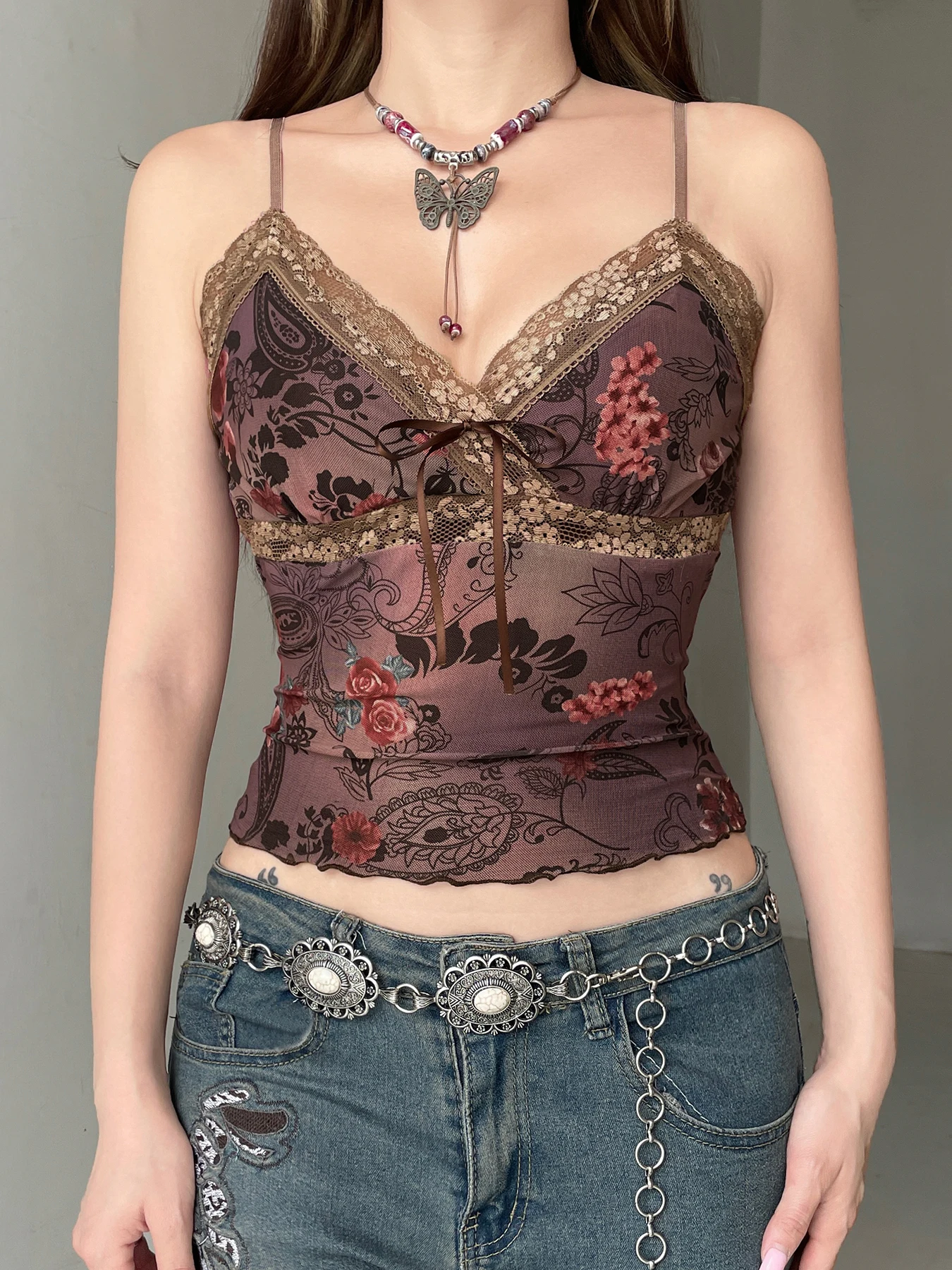 Rockmore Vintage Tulle Patchwork Floral Print Camis Women Mesh Lace Cross V Neck Crop Top Y2K Aesthetic Female Backless Corset