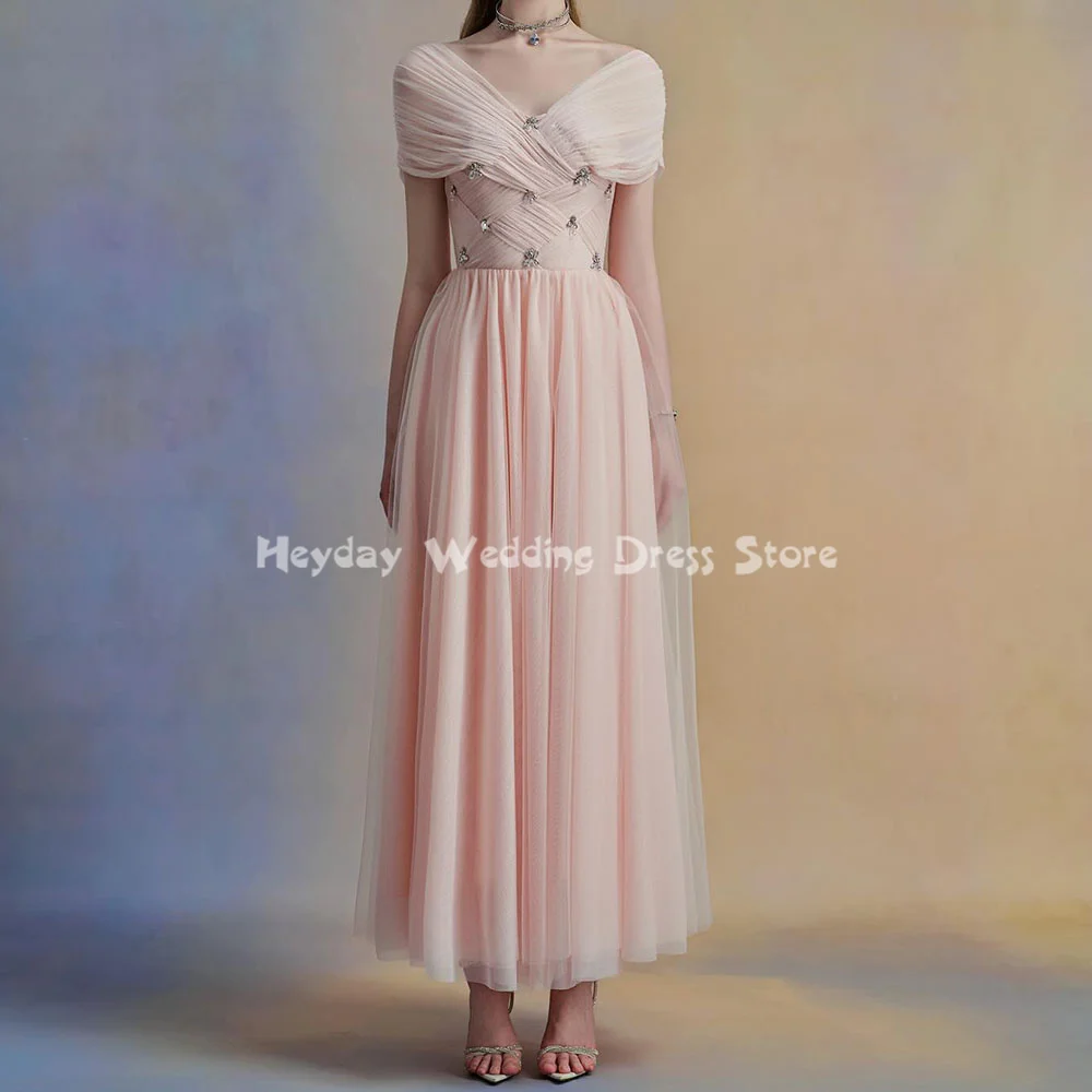 

Heyday Women's Tulle Off-the-shoulder Beaded A-Line Ankle-Length Evening Dresses With Short Sleeves Formal Elegant Dresses 2025