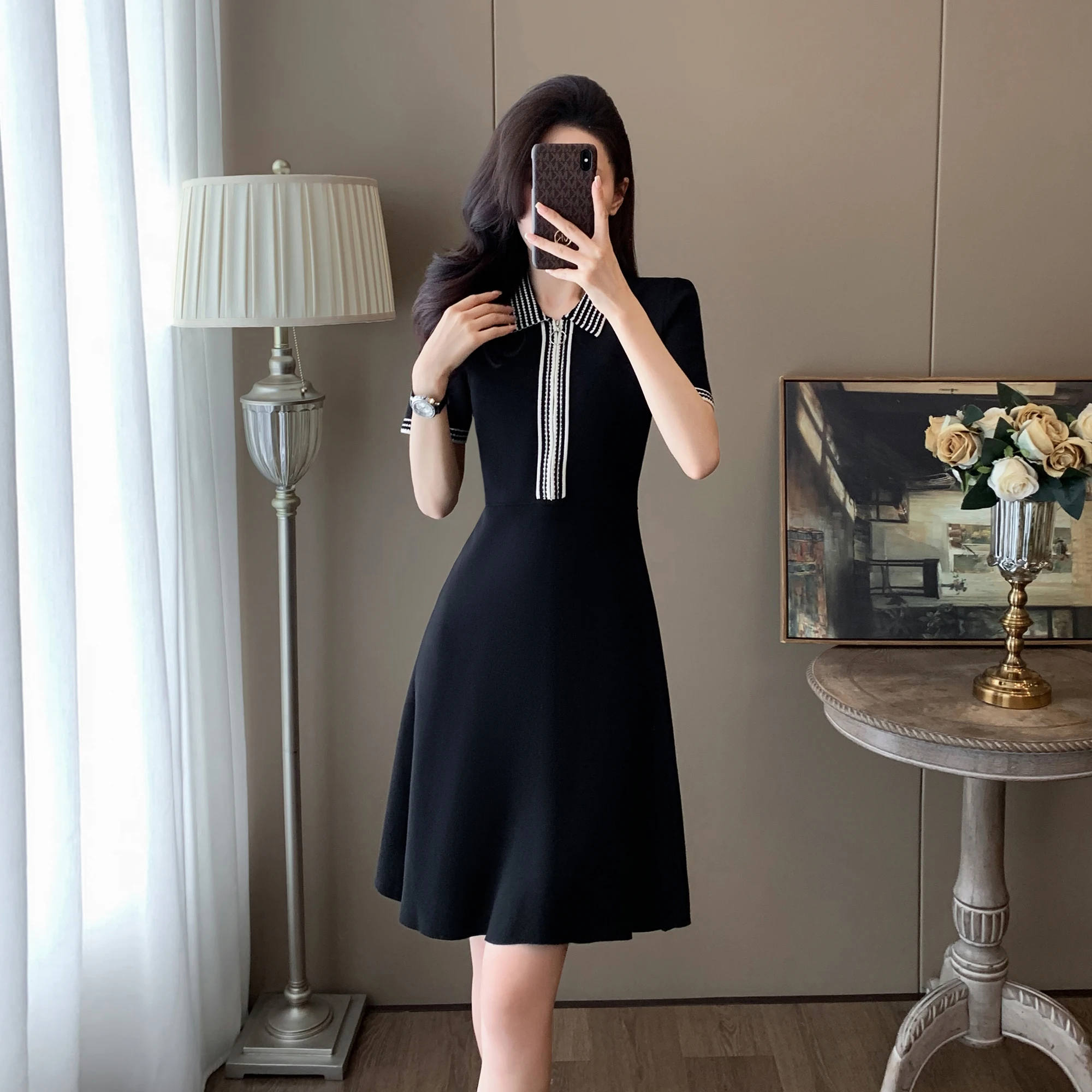 

2024 French Summer Striped Spliced Knitted Dress Elegant Women Lapel Collar Short Sleeve Zipper Contrast Color A Line Vestidos