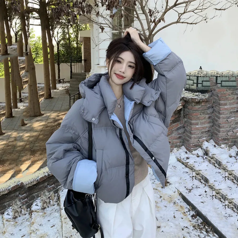 Korean Cropped Puffer Jacket Women New Winter Contrasting Color Hooded Two Sided Thicken White Duck Down Warm Bread Coat Parka