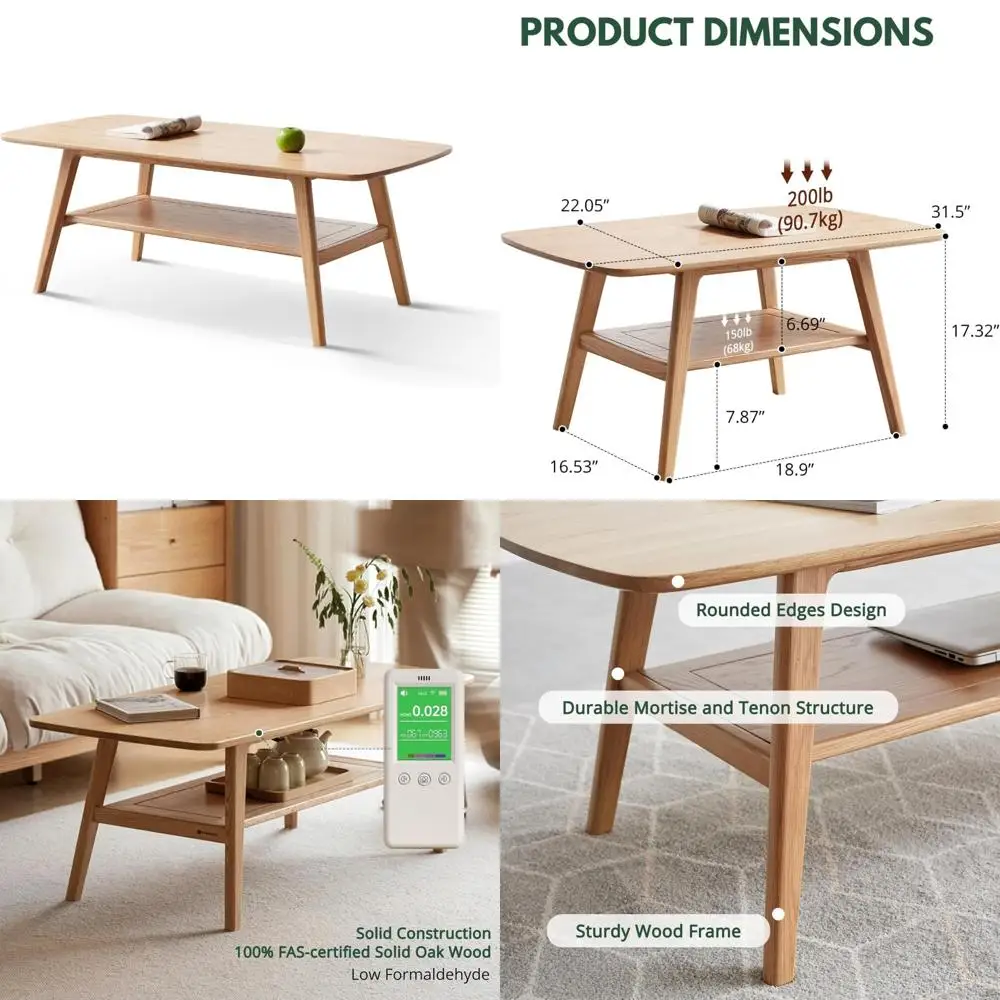 

Solid Oak Double Storage Coffee Table - Eco-Friendly Finish, Easy Assembly, Natural Finish Center Table for Living Room