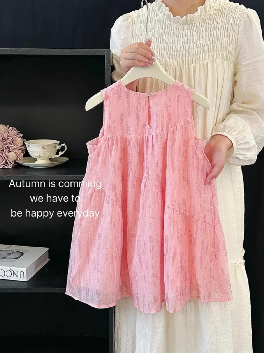 Summer New Style Girls' Korean-Style Sweet Princess Dress Pink Little Girl's Bow-Knot Patchwork Beautiful Sleeveless Dress
