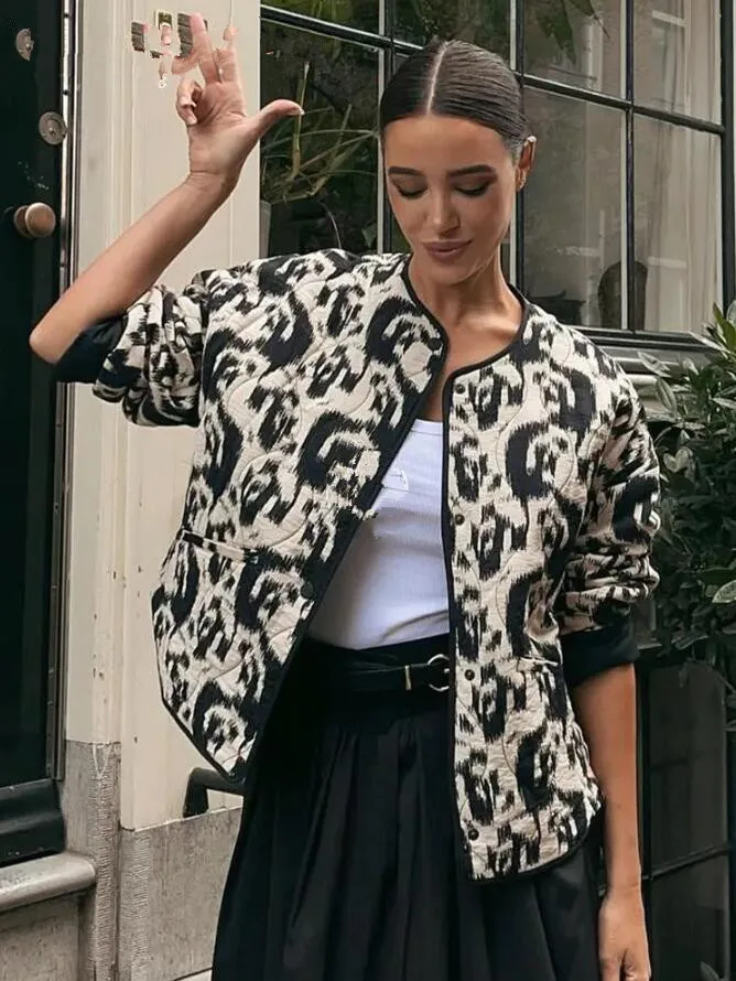 

Ink Printed Quilted Cotton Jacket For Women 2023 Casual Long Sleeve Coats Female Single Breasted High Street Outerwear w816