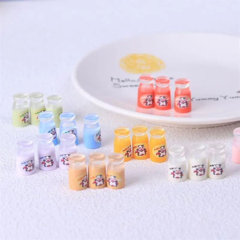 [JN] 10 Uds. Bonita botella de leche transparente de simulación, juguetes para casa de muñecas, adornos en miniatura, decoración del hogar, resina femenina