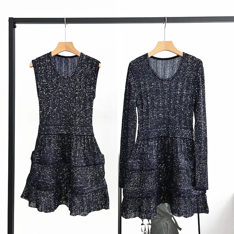 

25 Spring and Summer U-Neck Long Sleeve Tight Waist Elastic Bead Vest Short Dress Knitted Lotus Leaf Skirt