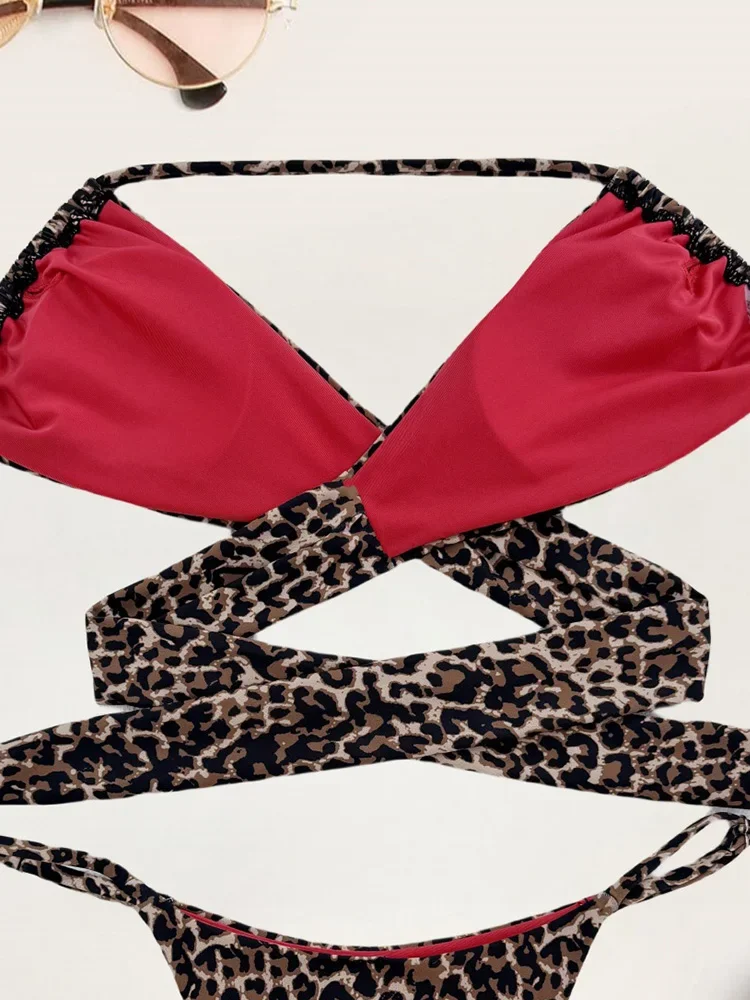 Sexy leopardo amarrado até bikini 2 peça conjunto feminino split maiô cintura alta estilo praia biquíni 2025 novo verão banho biquinis conjunto
