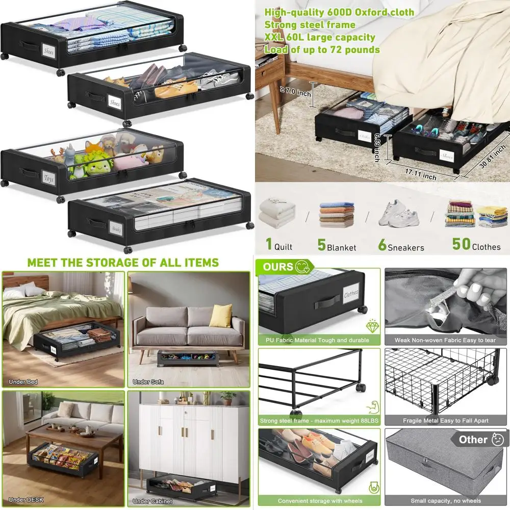 

Набор из 4 контейнеров XXL 60 л на колесиках для хранения под кроватью с прозрачными крышками для одежды, обуви, игрушек, книг - черный