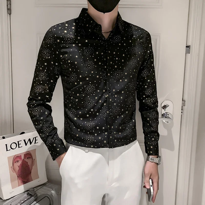 

High Quality Star Gold Bronzing Men Shirt Spring Autumn Slim Fit Chemise Homme Manche Longue Luxury Club Prom Male Floral Shirts