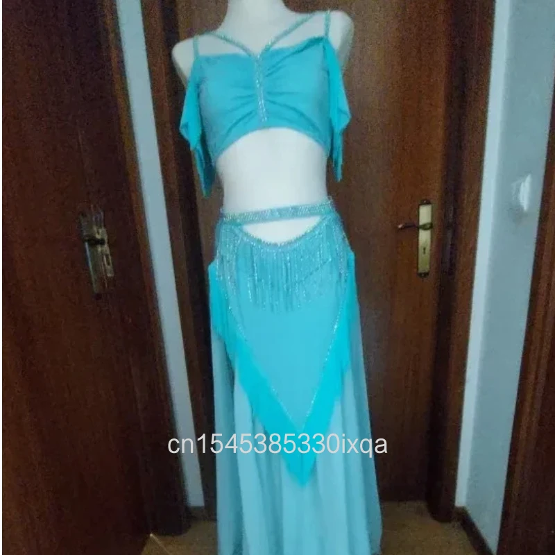 BellyDance Costume for Women's Sexy Off Shoulder Top + Tassel Chiffon Long Skirt 2pcs Oriental Dance Professional Training Suit