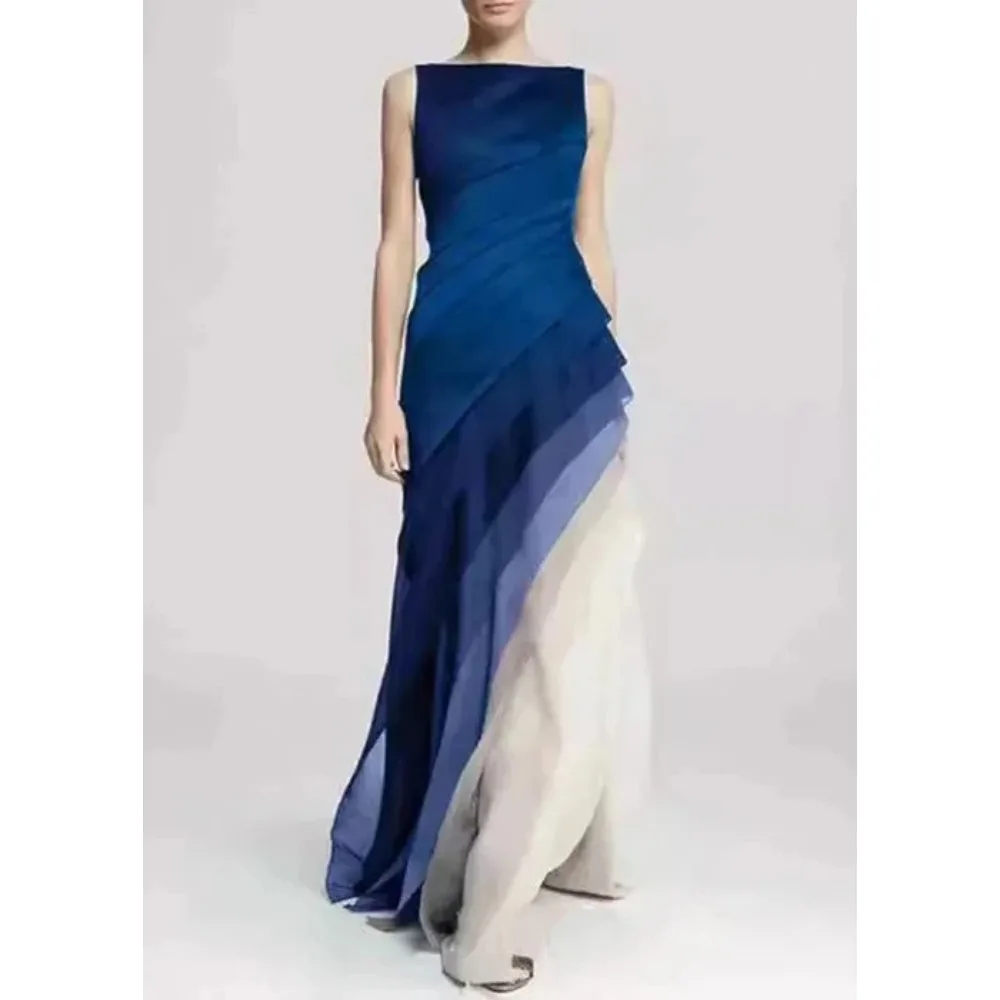 Customized Patchwork Tulle Evening Dress Navy Blue Ruffles Evening Gowns for Women 2026 Sleeveless Elegant Prom Dresses