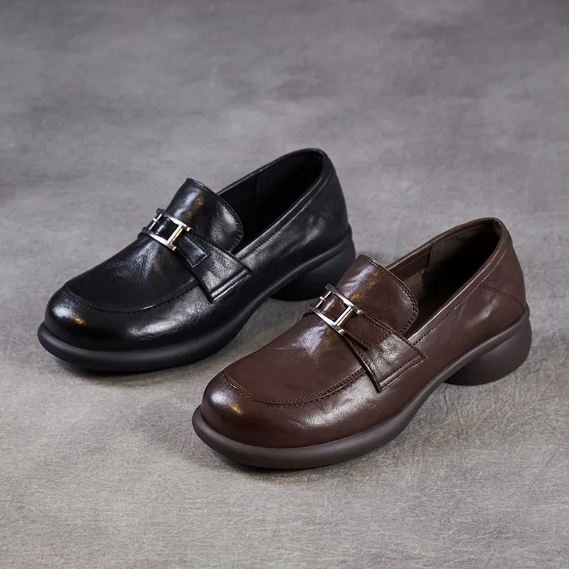 

Women Genuine Leather Loafers 2025 New Metal Buckle Slip On Brown Shoes Women Thick Sole Casual British Style Women's Shoes