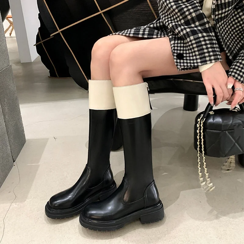 

Back Zipper Patchwork Color Leather Long Boots For Women Round Toe High-Top Botas Largas De Mujer Chunky Mid Heels Modern Ladies