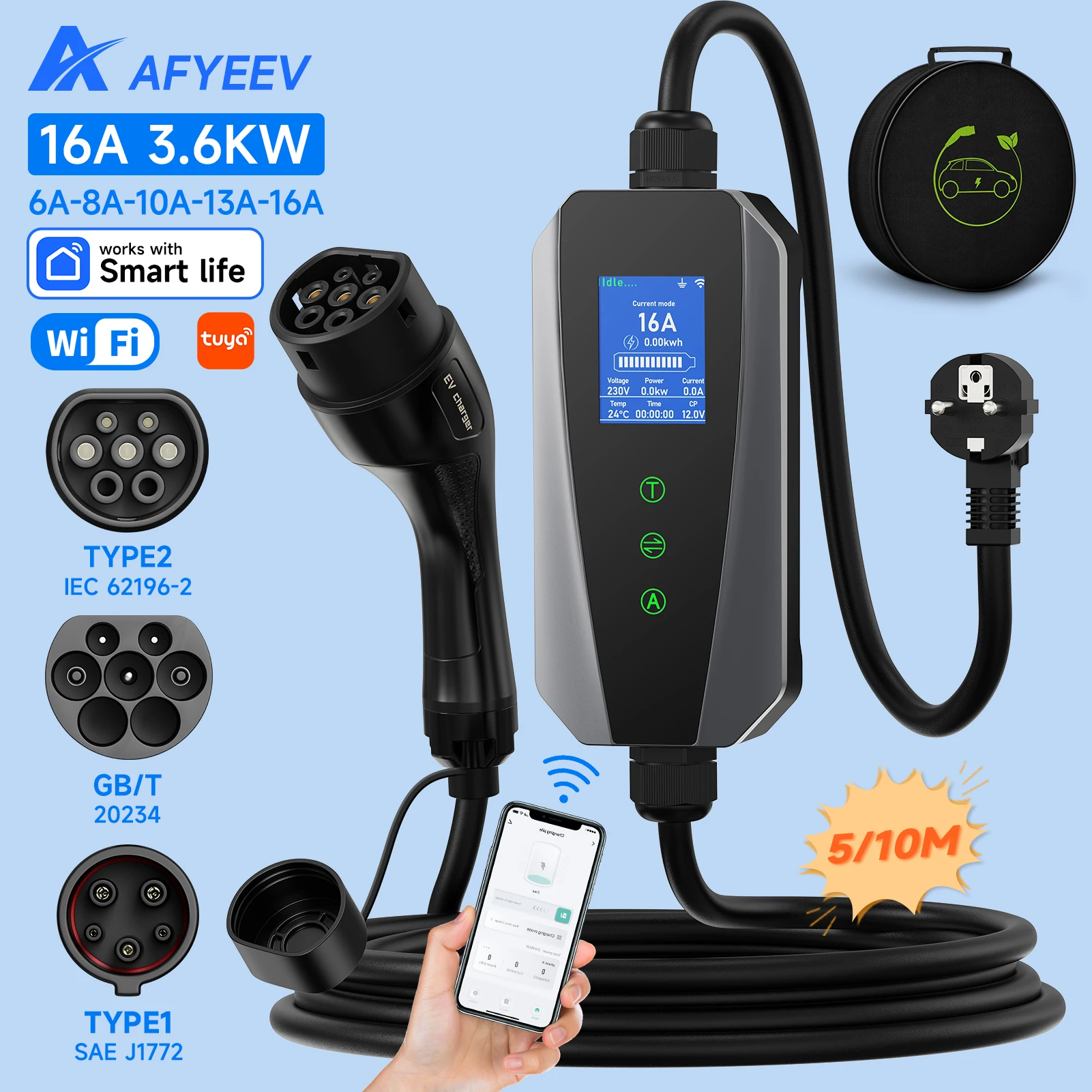 Portable Ev Charger 16A Adjustable - AFYEEV 3.6KW 16A EV Portable Charger
