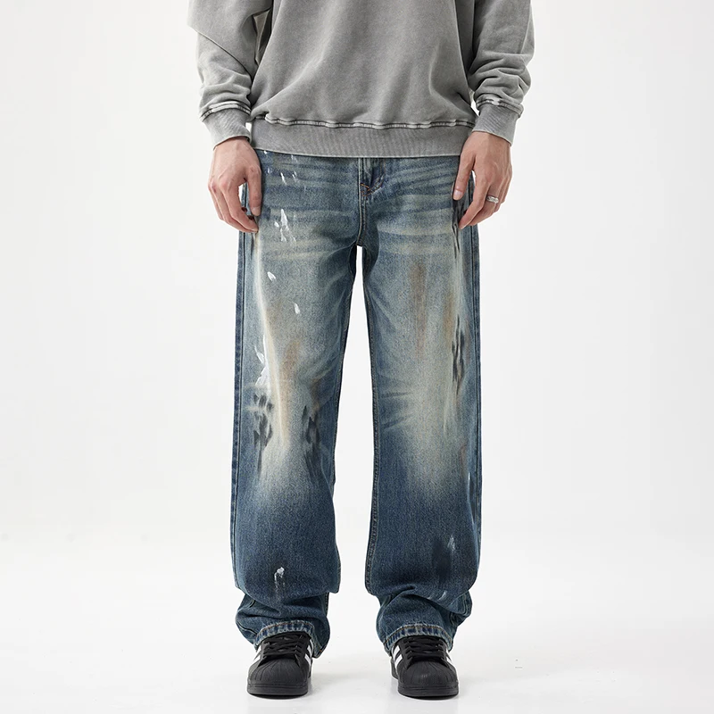 Jeans rétro coréens pour hommes, pantalons droits décontractés, pantalons amples personnalisés, peinture à l'encre, streetwear d'automne, nouveau, 2024